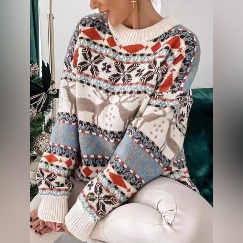 Geometric Round Neck Dropped Shoulder Sweater - Picture 6 of 11